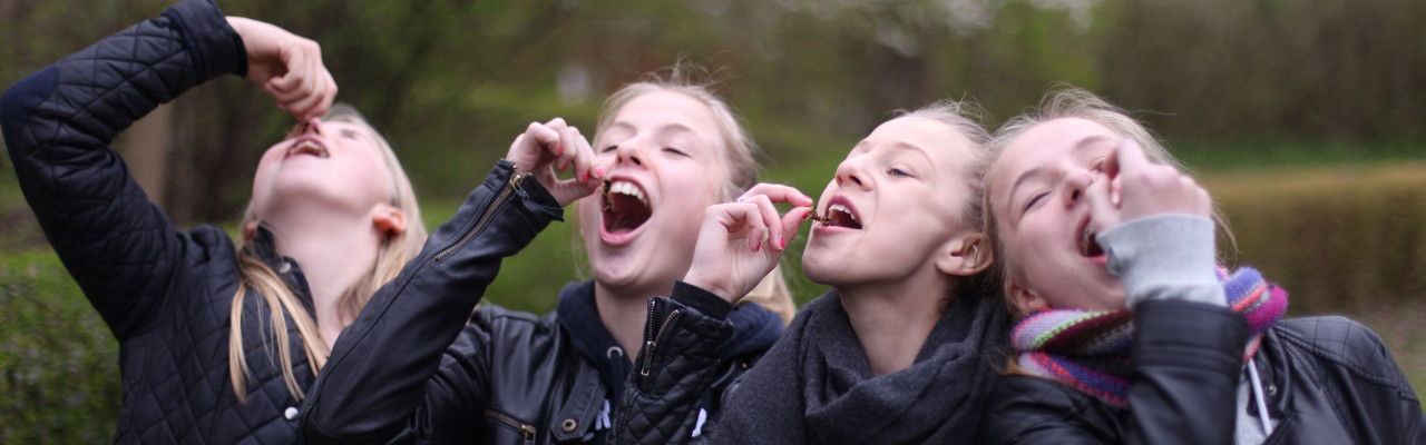 Smagsmodige piger smager på ristede insekter ved Forskningens Døgn 2015. Foto: Stagbird.
