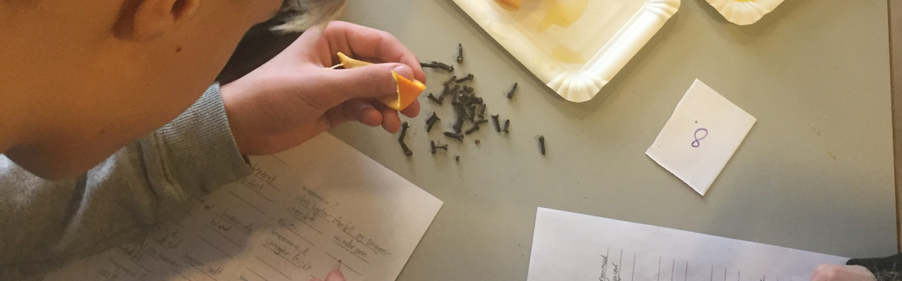 Skriveøvelse med smagen og duften af appelsin og nelliker. Foto: Cathrine Terkelsen
