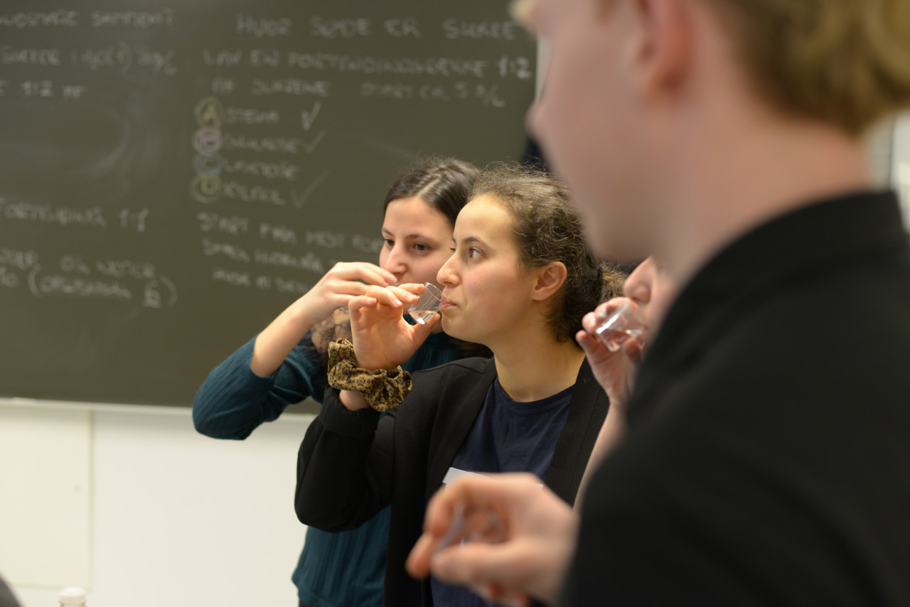 Man må smage sig frem til den rette sødme. Her er eleverne i gang med at undersøge grænsen for, hvornår de kan smage sukker. Foto: Mathias Porsmose Clausen.