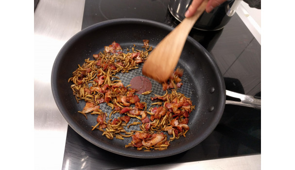 Suppetopping med ristede melorme og bacon. Meget velsmagende ifølge de studerende