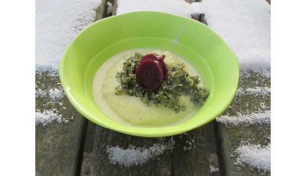 Kartoffelmos, grønlangkål og rødbeder frembragt i udekøkkenet. Foto. Anne Bech
